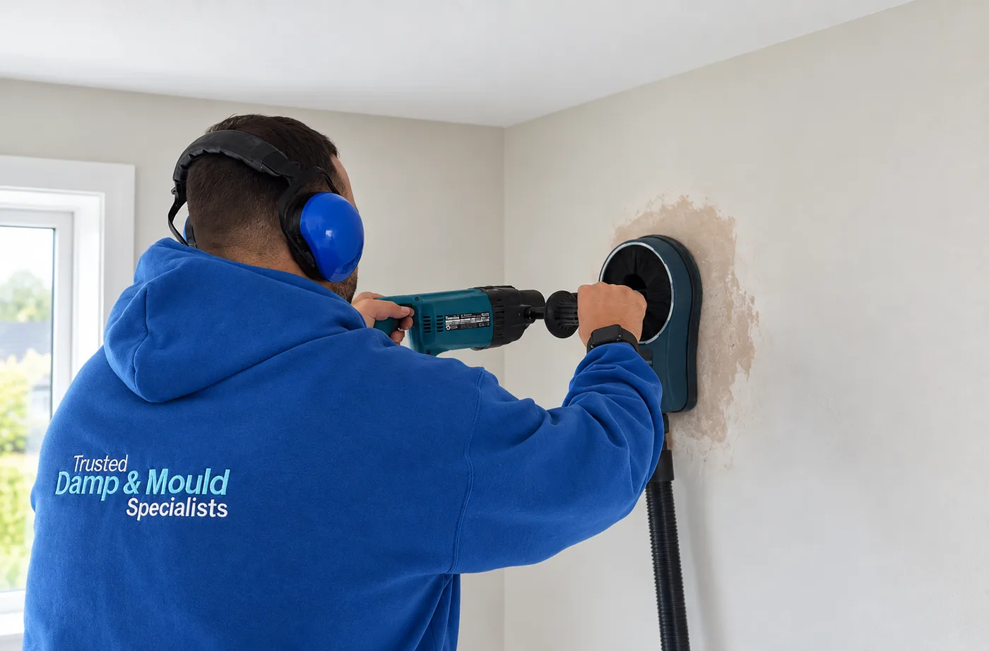 A Procure Group technician drilling and injecting a damp-affected internal wall