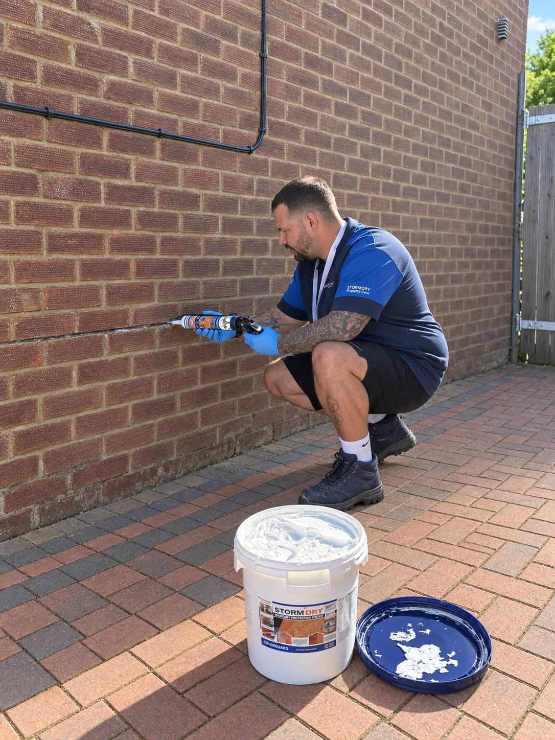 A Procure Group technician injecting damp-proof course cream at the base of an external wall