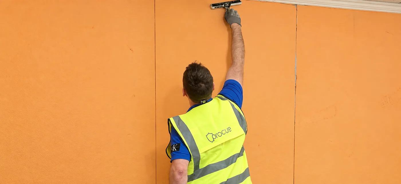A Procure Group technician installing a cavity drainage membrane system on a basement wall