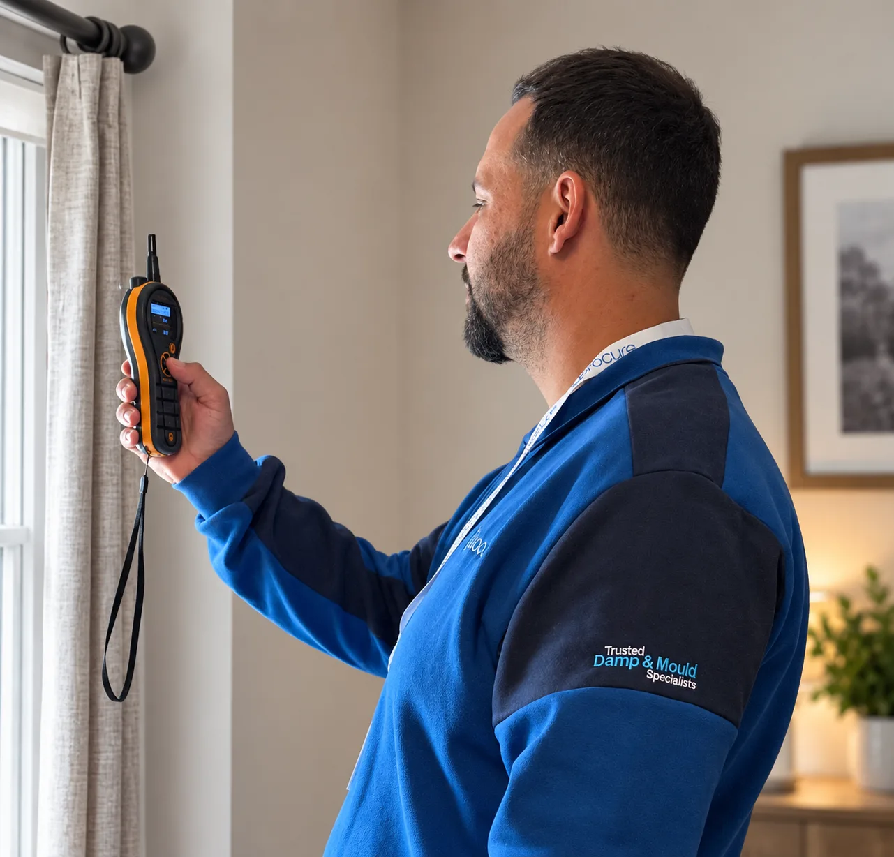 A Procure Group surveyor taking atmospheric moisture readings near a window during a damp survey