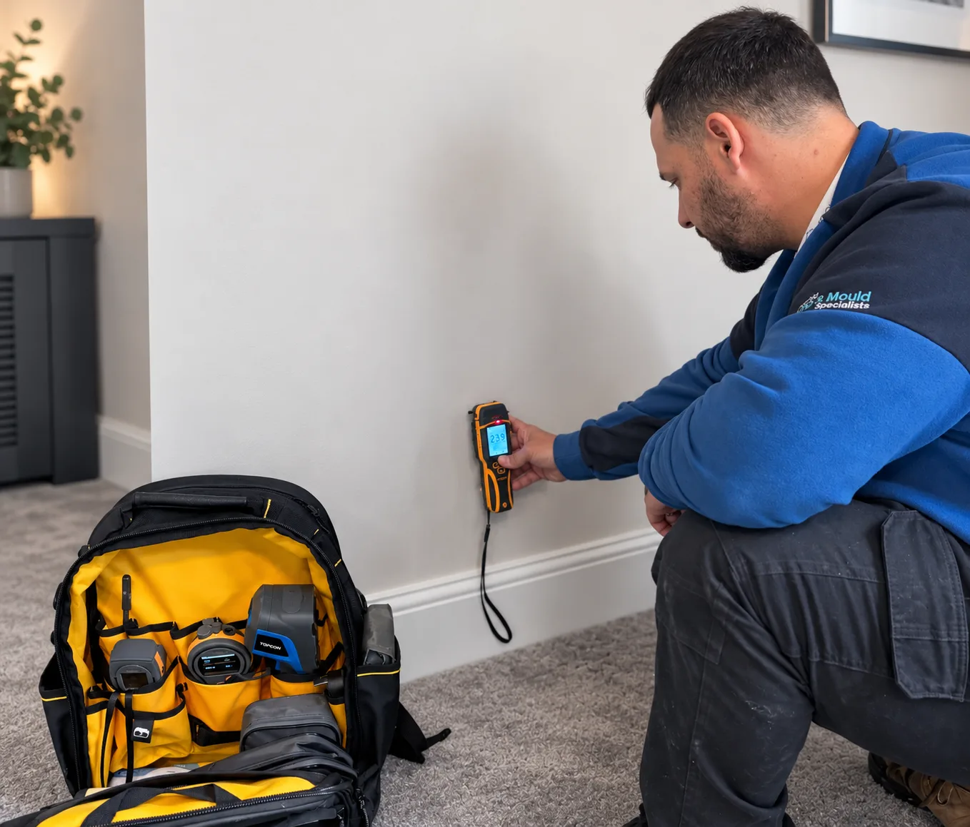 A Procure Group surveyor moisture-profiling a wall at skirting level with a full survey kit