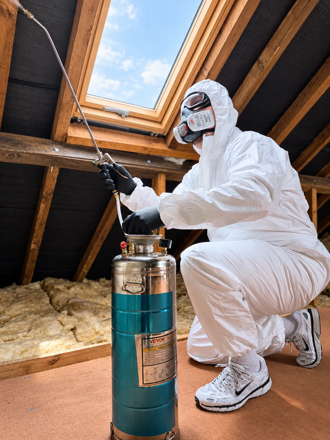 A Procure Group technician in full protective equipment treating roof timbers in a loft